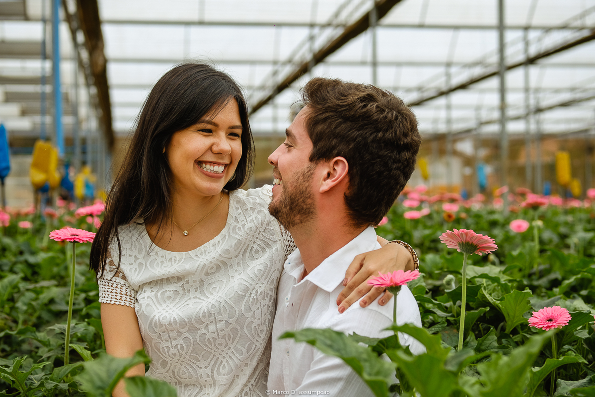 casal abracado dentro de estufa de flores