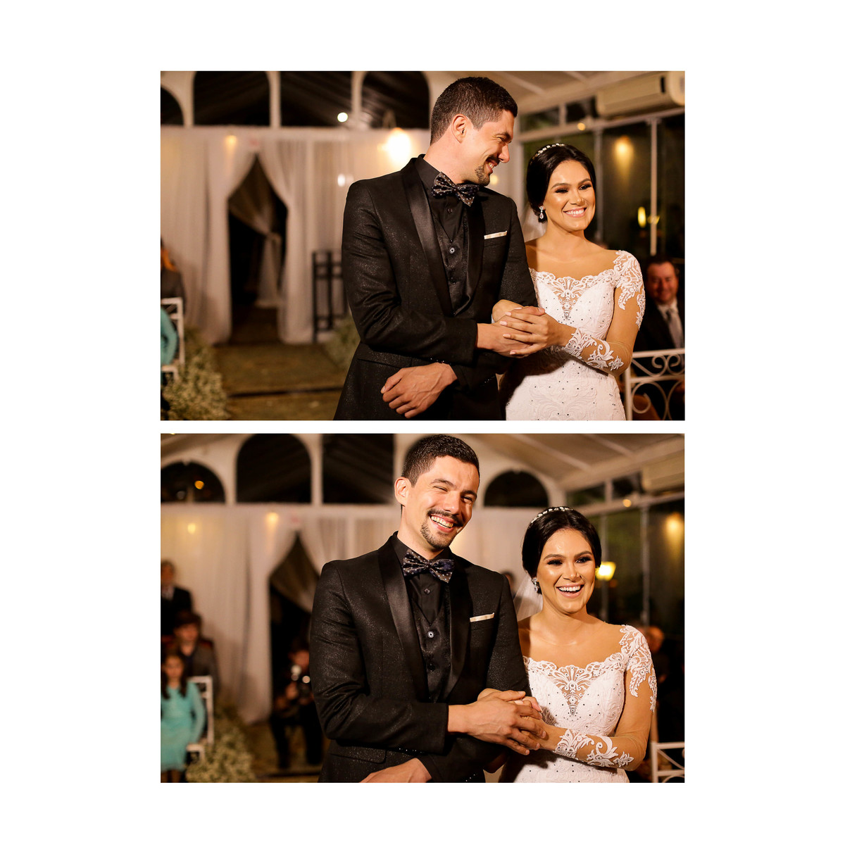 Sequência de foto dos noivos se olhando e sorrindo.