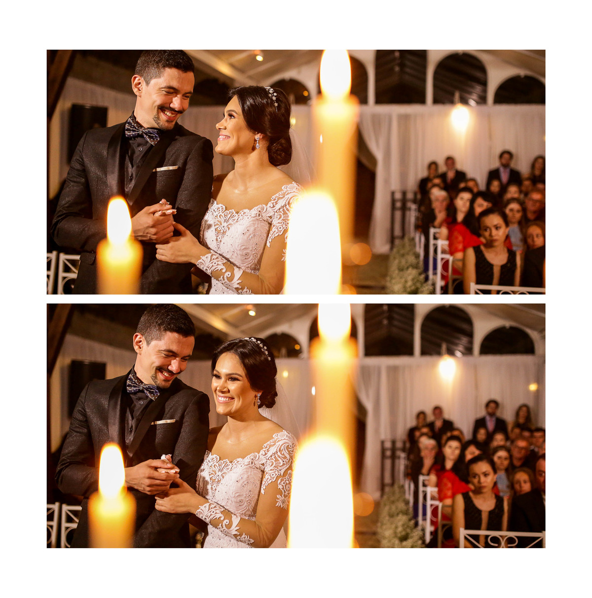 Noivos se olhando e sorrindo com detalhe das velas em desfoque.