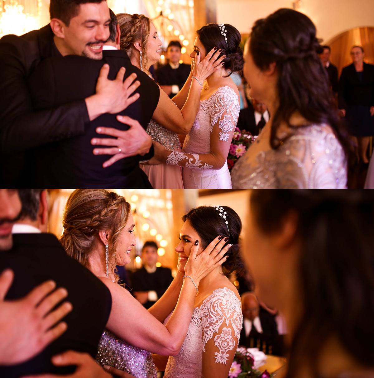 Emoção dos pais e noivos na homenagem, momento em que contaram aos familiares que se mudariam para fora do pais na semana seguinte.