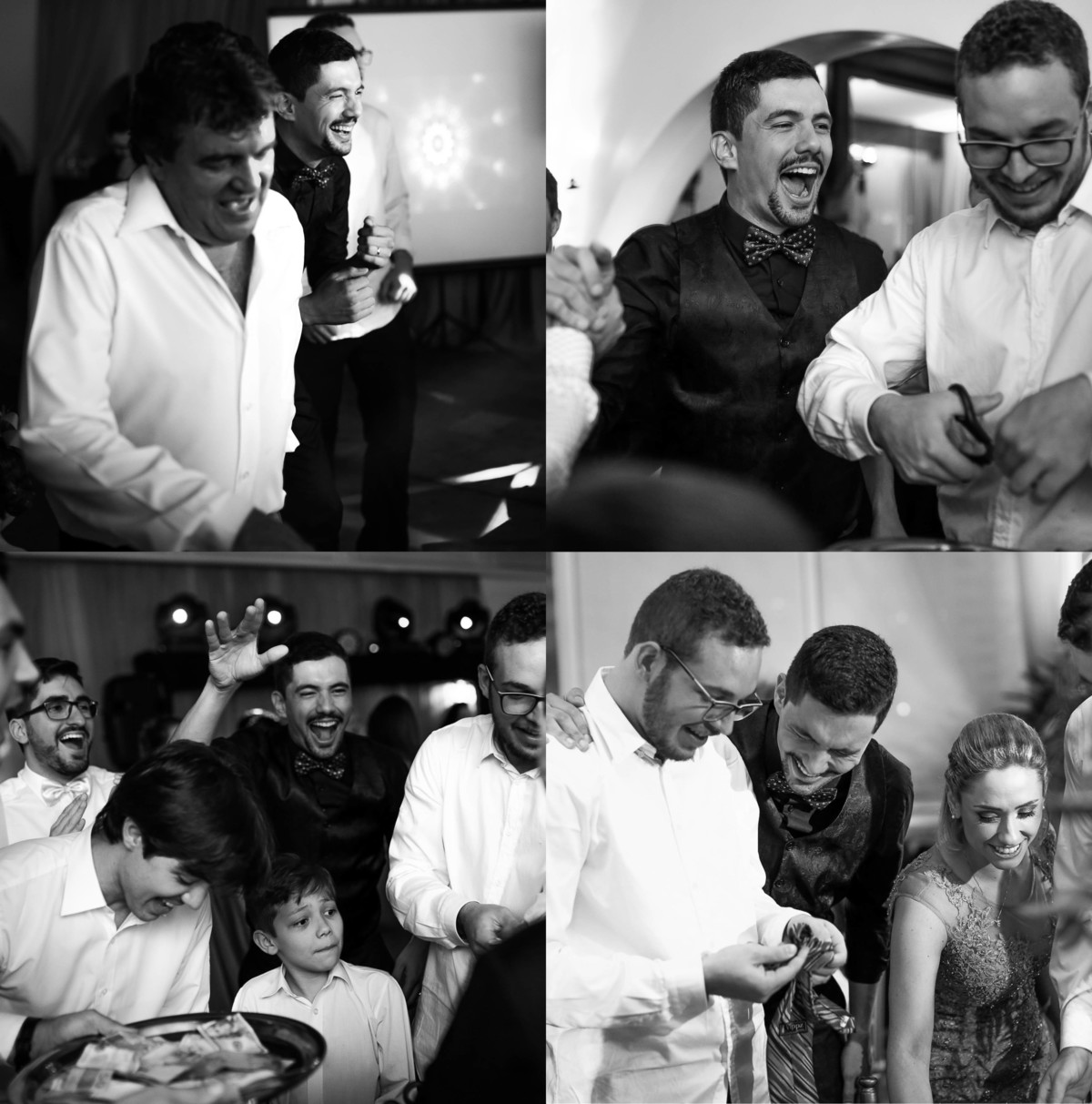 Padrinhos sorrindo e gritando no momento de passar a gravata para os convidados.