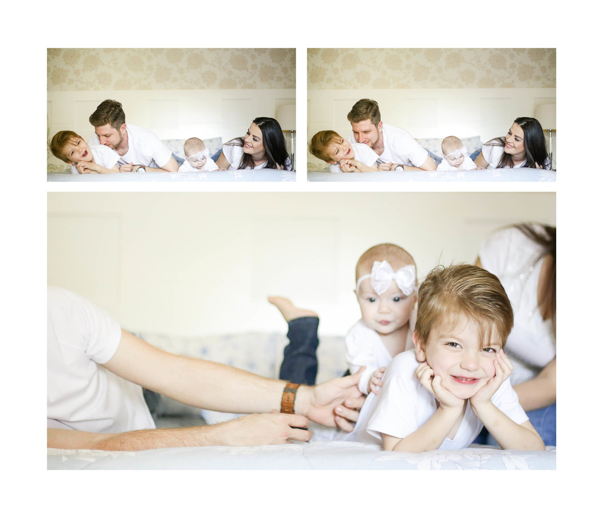 Casal e os filhos deitados na cama.