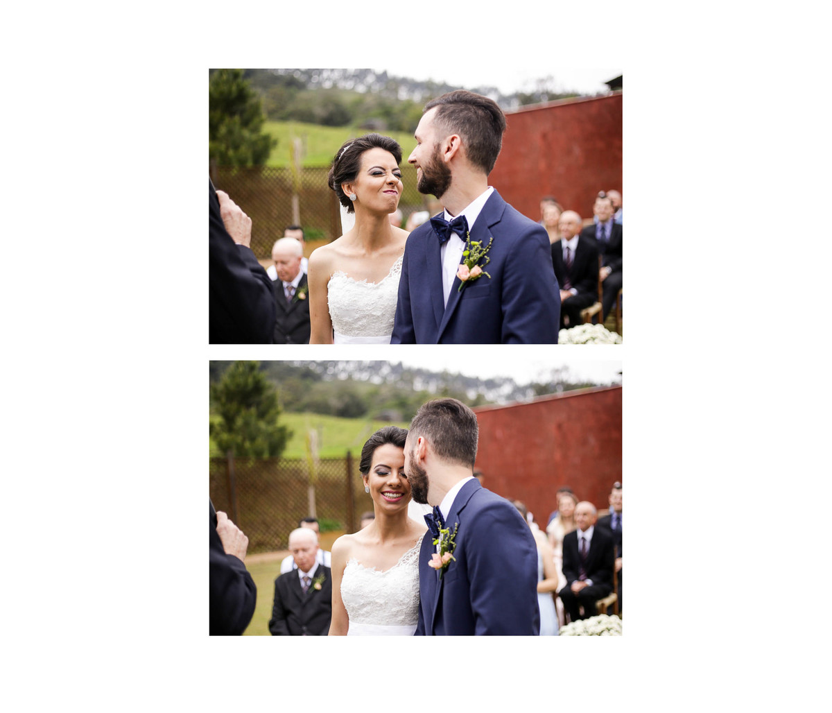 Noiva faz careta para o noivo em casamento no campo.