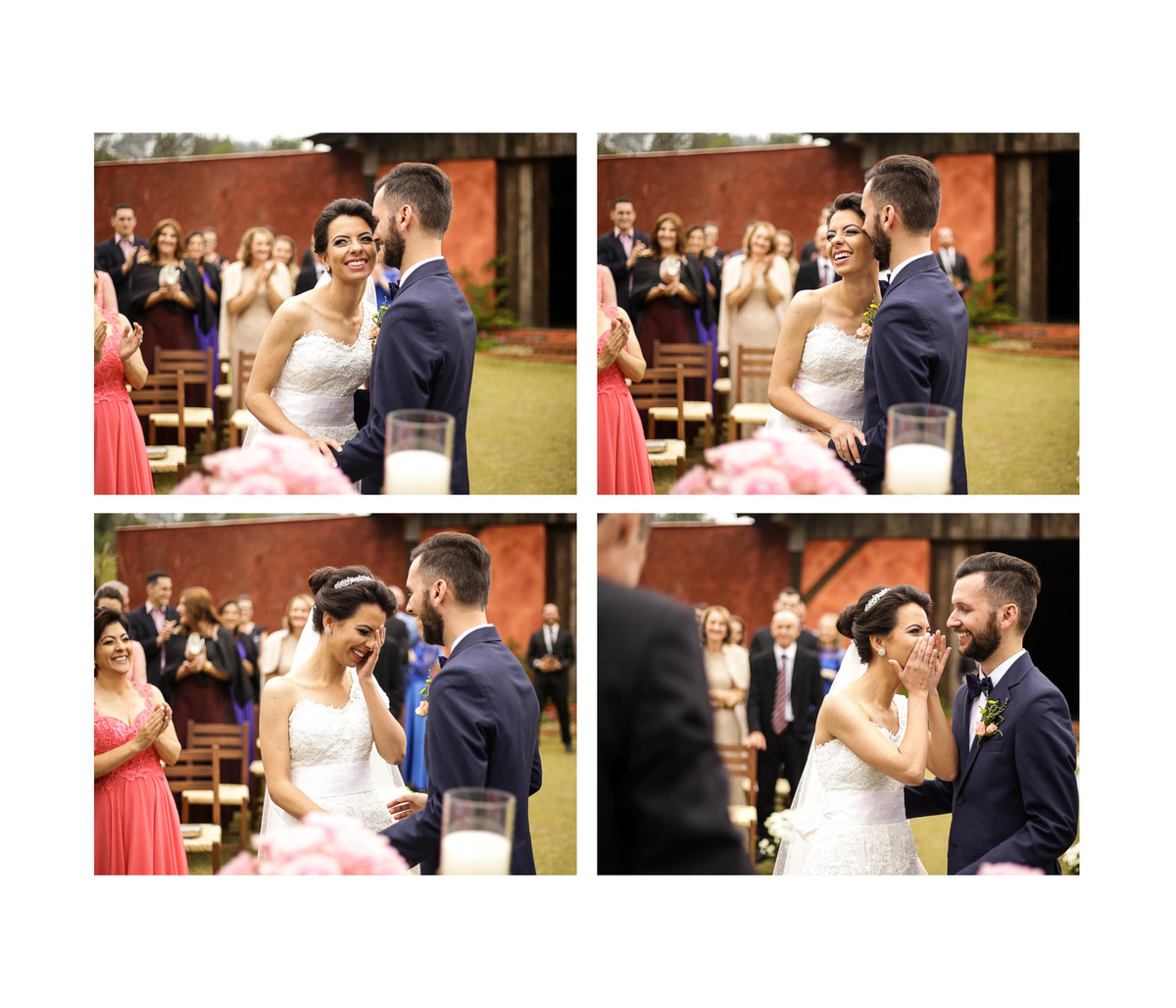 Fotos do momento do beijo, noiva envergonhada esconde o beijo.