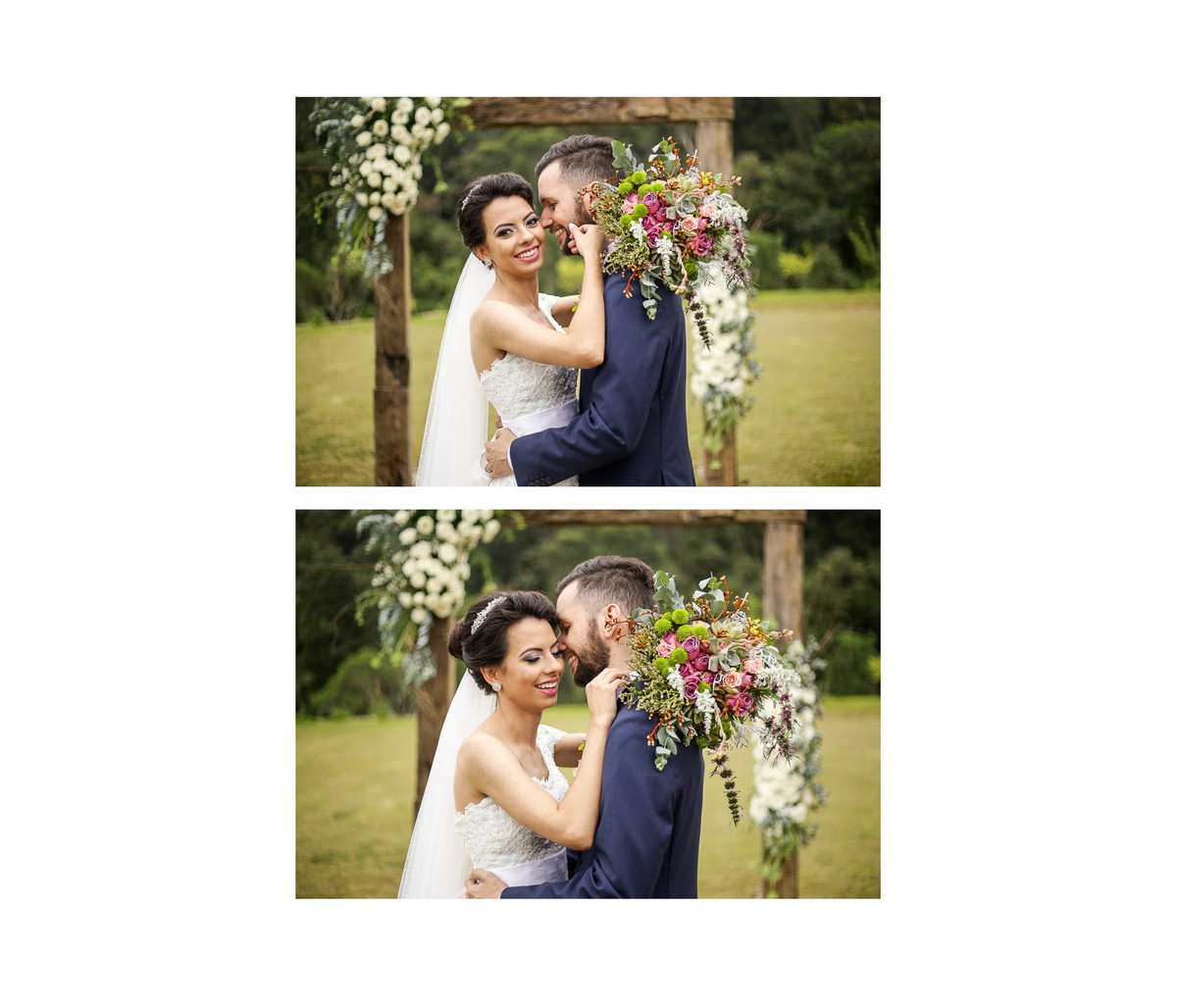 Fotos dos noivos após a cerimônia no arco onde foi feita a celebração do casamento ao ar livre.