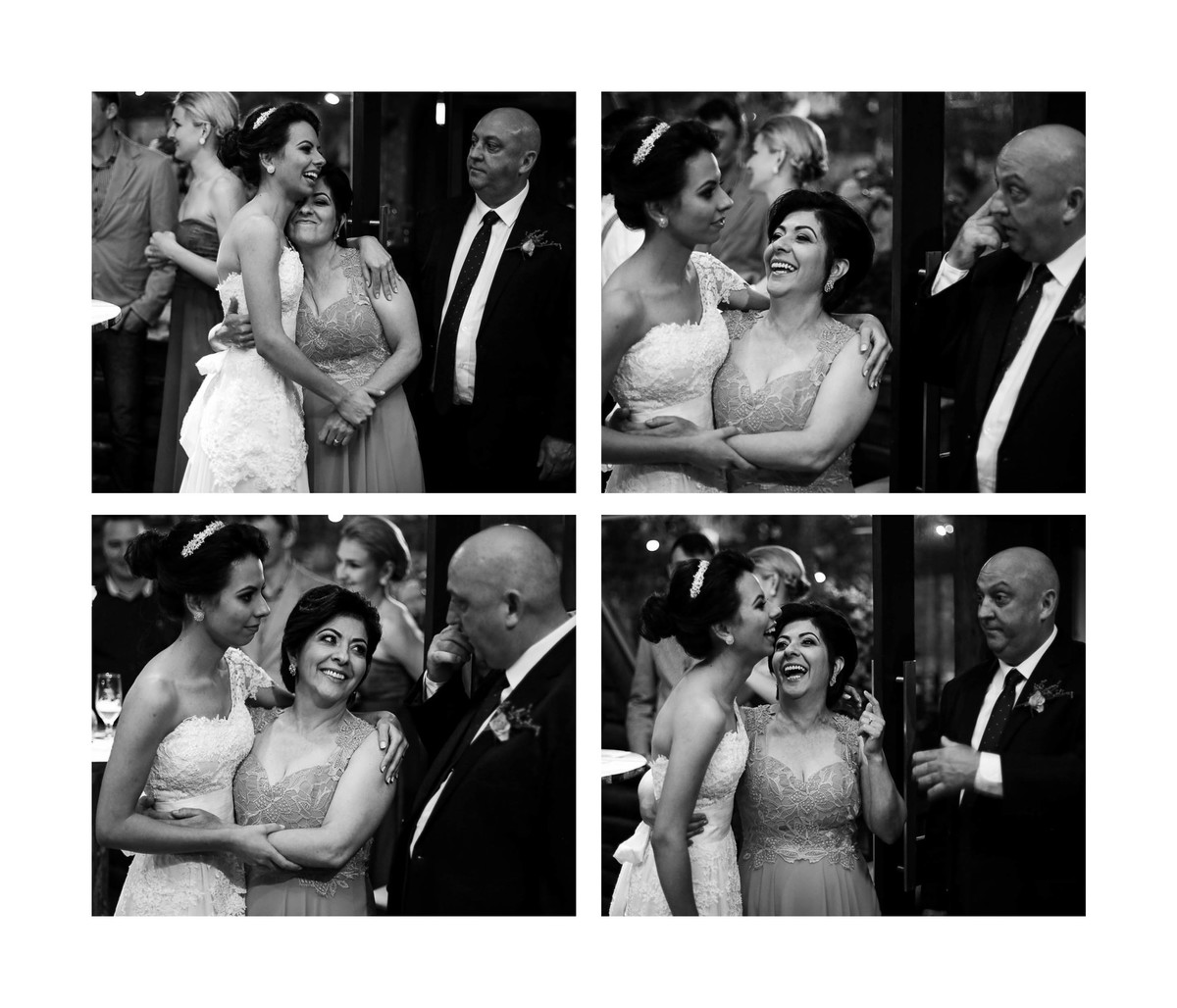 Noiva abraça seus pai em momento de descontração da festa do casamento no campo.