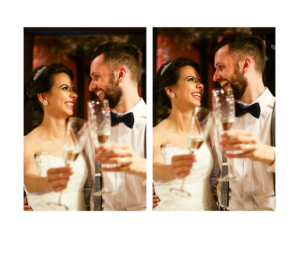 Fotos dos noivos brindando, noivos comemoram seu casamento no campo.