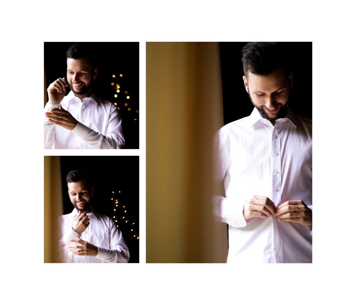 Noivo arrumando a sua camisa para o seu casamento ao ar livre no campo.