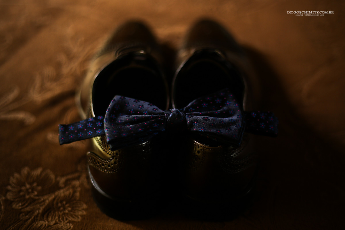 Sapato de noivo com estilo, e gravata borboleta para casamento no campo.