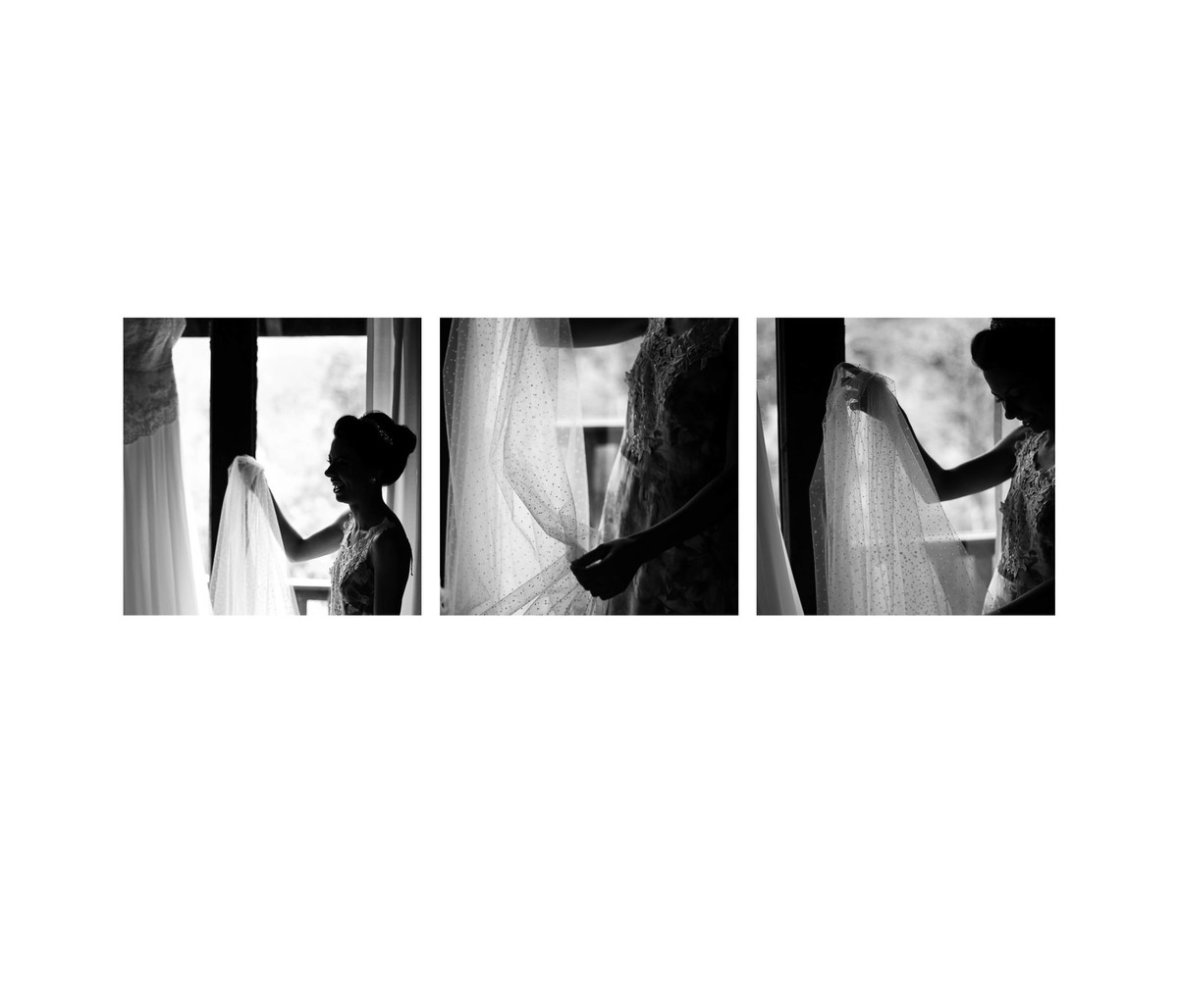 Fotografias da noiva com o vestido e detalhes do seu véu.