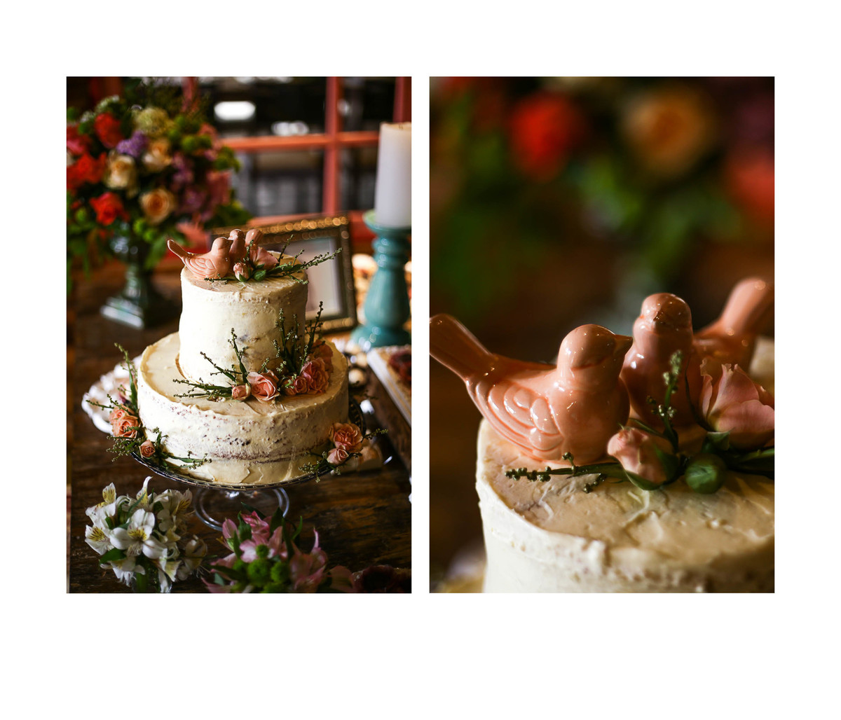 Bolo de casamento no campo, naked cake, topo de bolo, passarinhos.