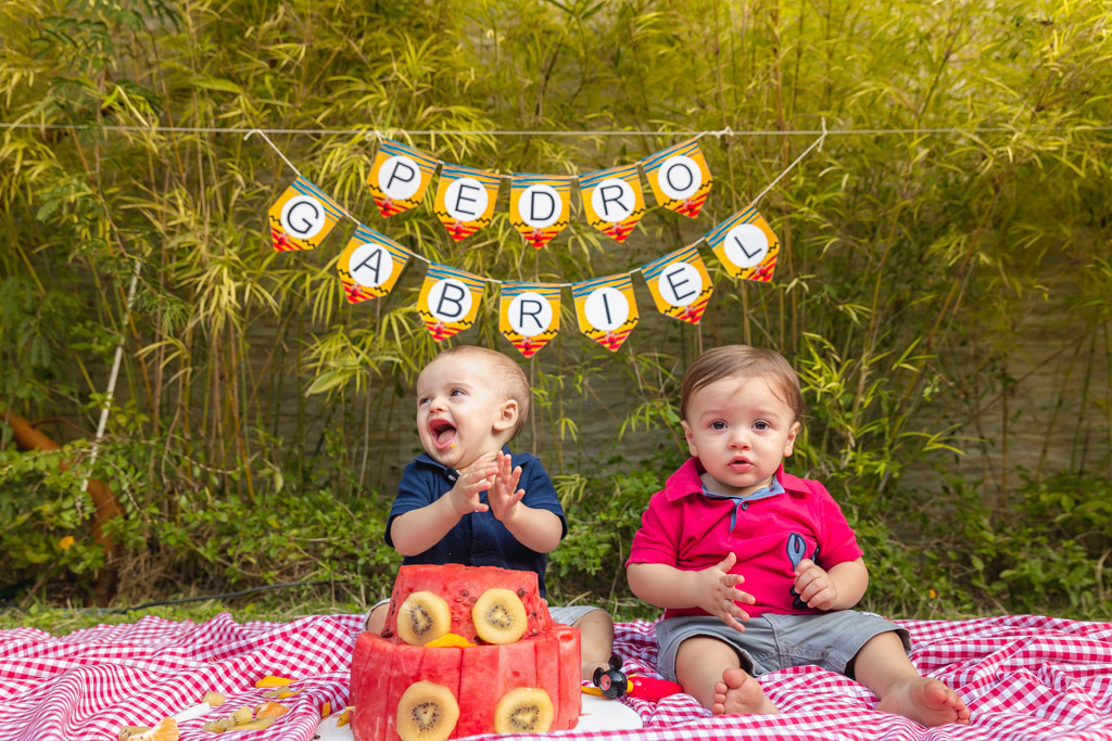 Gabriel e Pedro - ensaio de 1 ano - ensaio smash the fruit - ensaio fotografico de familia - Primos e Irmãos