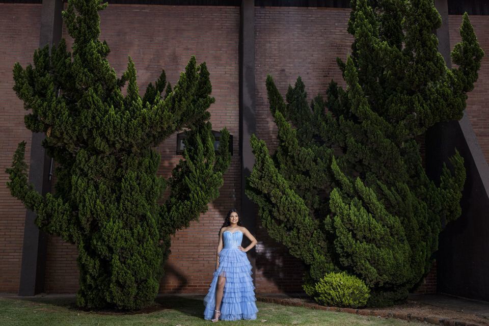 Fotógrafo de debutante em Holambra cria foto noturna de jovem com vestido azul, posicionada entre duas grandes árvores verdes.