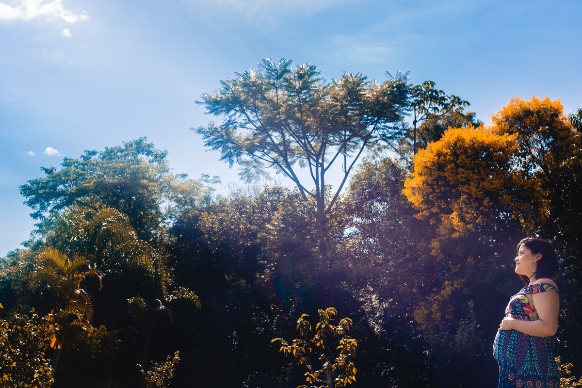 Mãe gestante olhando para o céu com mãos na barriga