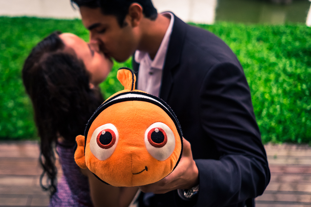 Foto do casal de noivos se beijando ao fundo, em primeiro plano uma pelúcia do filme Procurando Nemo com significado ao casal. Ensaio fotográfico no Parque Vila Lobos, Alto de Pinheiros, São Paulo, SP em uma dia de muita chuva.