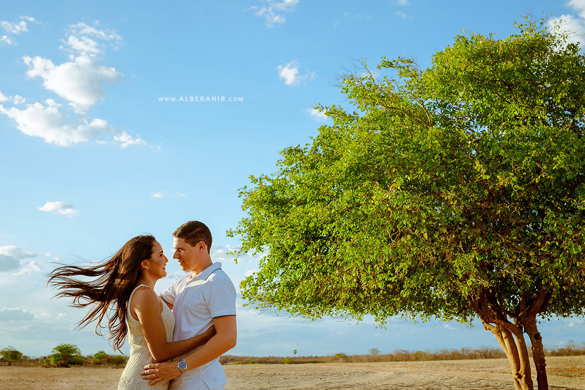 Ensaio Pré-casamento de Iara e Hamon em Timbaúba dos Batistas. Foto de casal numa árvore.