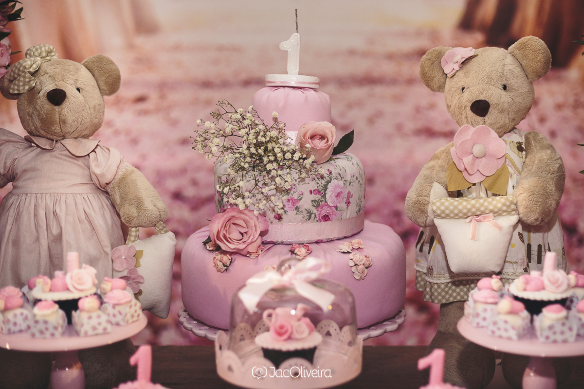 bolo fake decoração ursinhos rosa