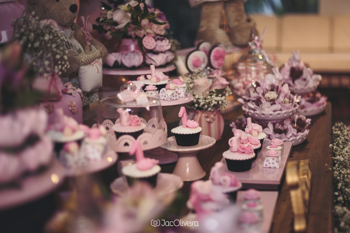 detalhe decoração cupcake ursinhos e cisnes rosas porto alegre