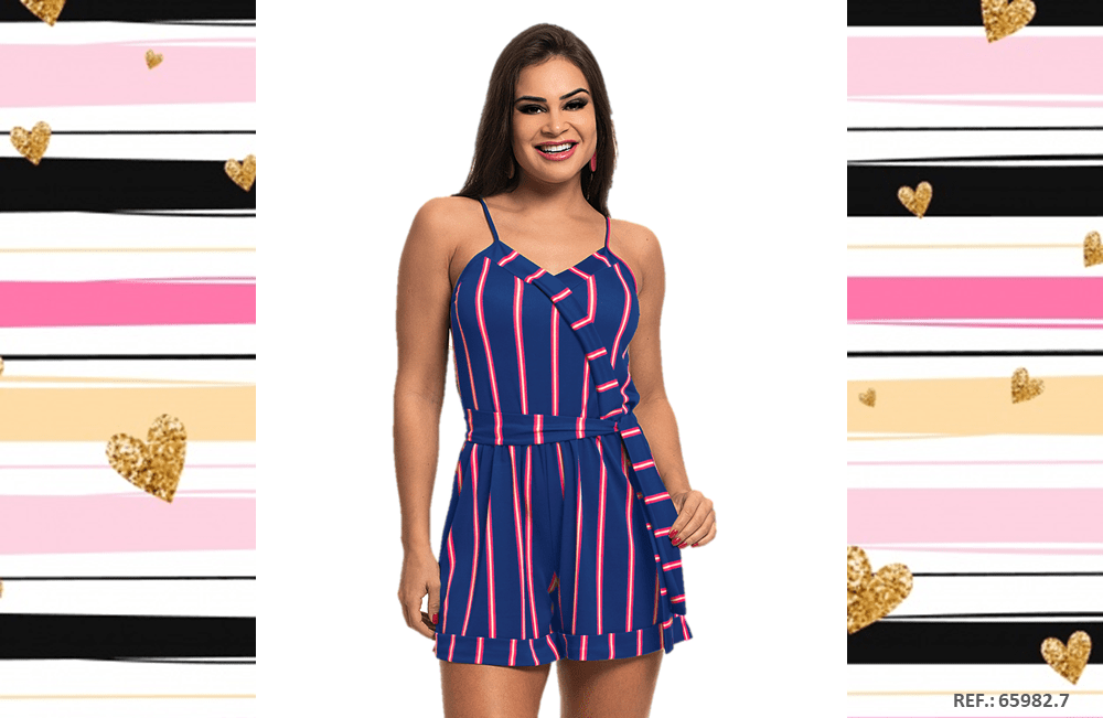 Para os dias quentes, temos o macaquinho Ref. 66842.7, que além de fresquinho, é um charme com essa junção de cores vibrantes e delicadas. O modelo traz listras finas na vertical, e se destaca pelo detalhe de listras diagonais no decote transpassado.