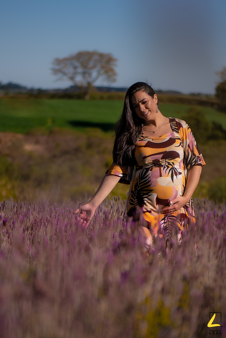 Gestante passando a mão em plantação de lavandas em Palmeira por Rodrigo leal