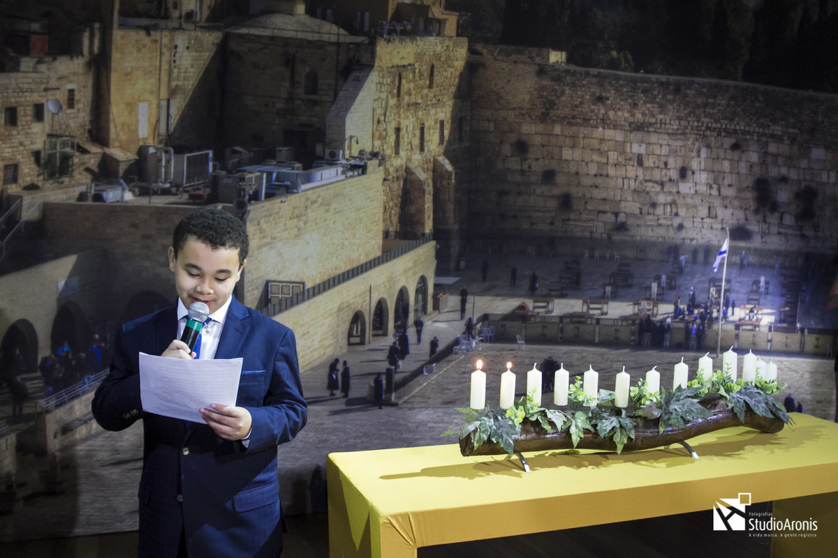 Cerimônia das velas em festa de bar mitzvah no boubon coutry dado bier painel com foto de israel 13 velas