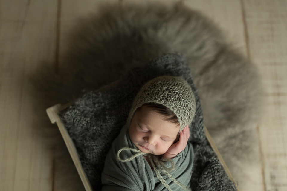 Newborn no estúdio Kalila Issa em Belo Horizonte enroladinho dentro do caixote de madeira da Leroy Merlin e curly da Baby Bear Props