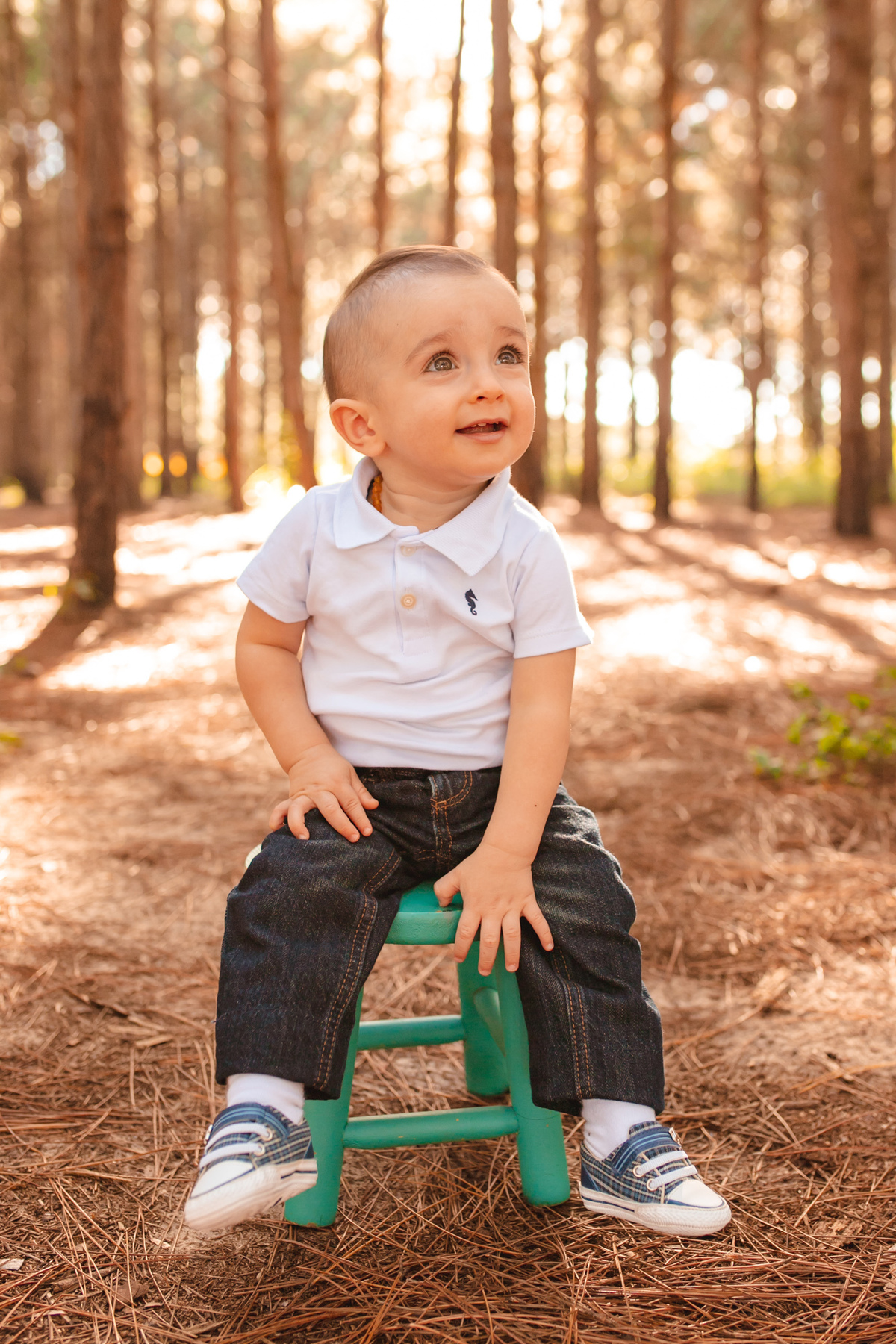 bebê de 11 meses sentado na banco
