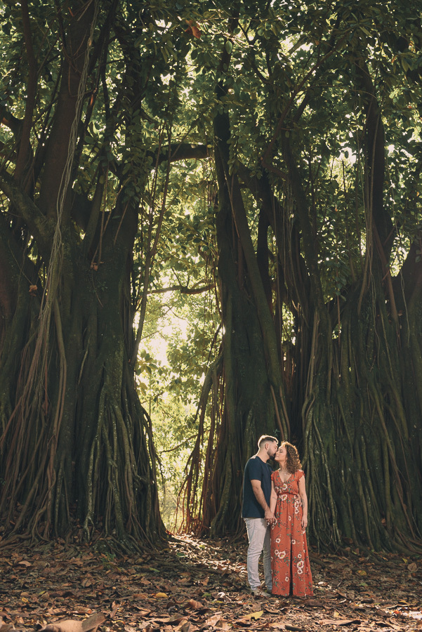 Ensaio fotográfico no Parque Ibirapuera em SP: casal posando entre as raízes das árvores gigantes figueiras com luz natural