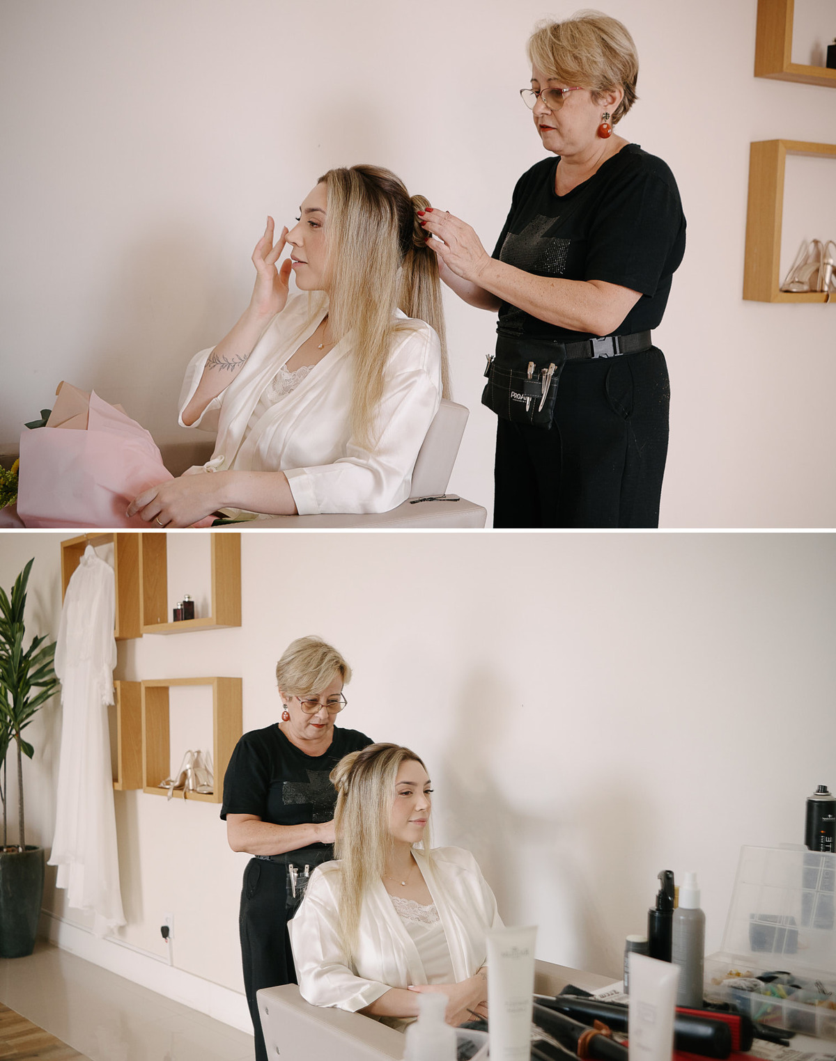 Momento Família no Making of em SJC. Emoção e carinho. A troca de olhares de quem te ama. Fotografia de casamento em São José dos Campos que valoriza as conexões humanas e o amor.