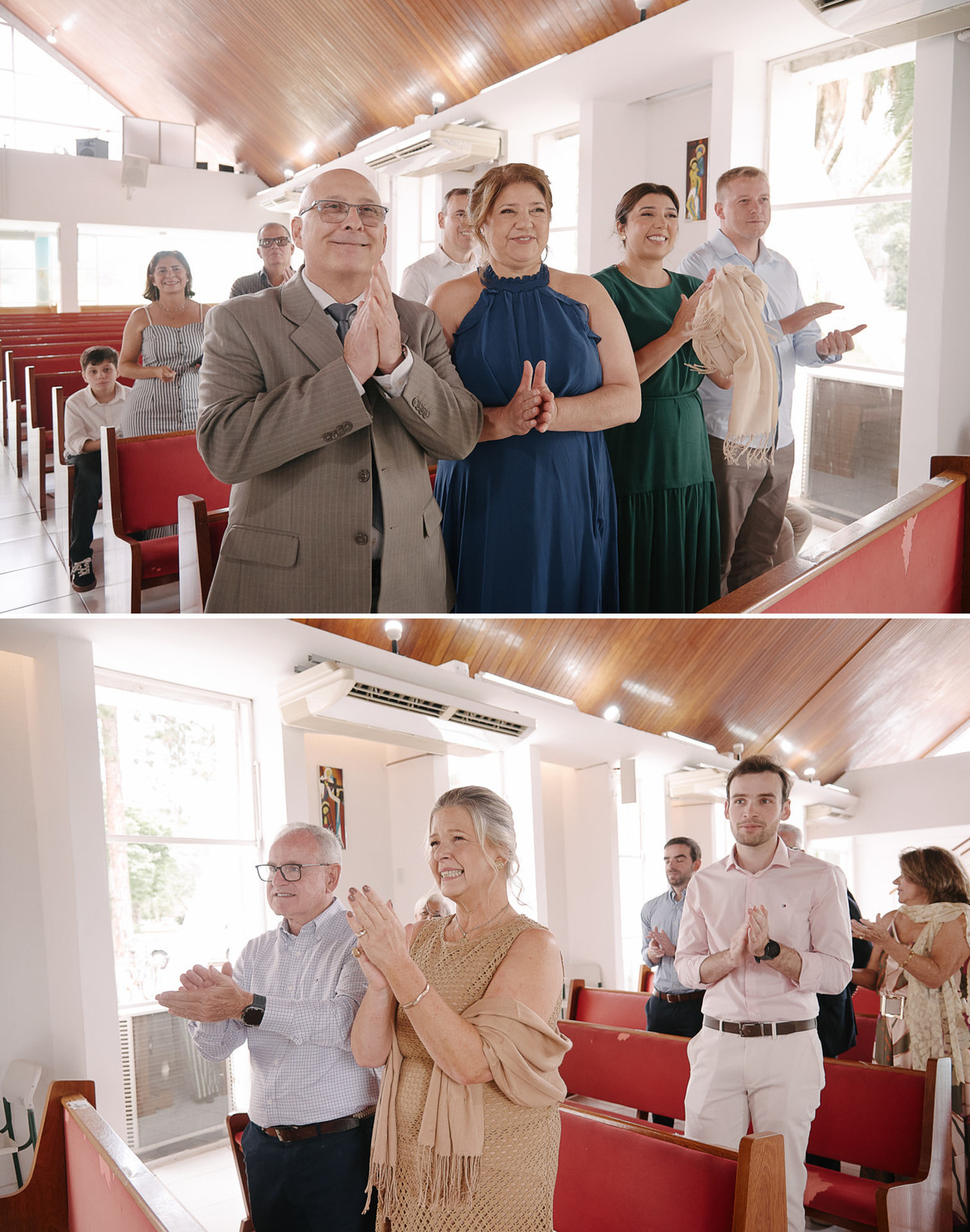 Cumprimentos e Carinho no Altar em SJC. A alegria compartilhada com os pais e padrinhos. Fotografia de casamento em São José dos Campos que valoriza o amor familiar.