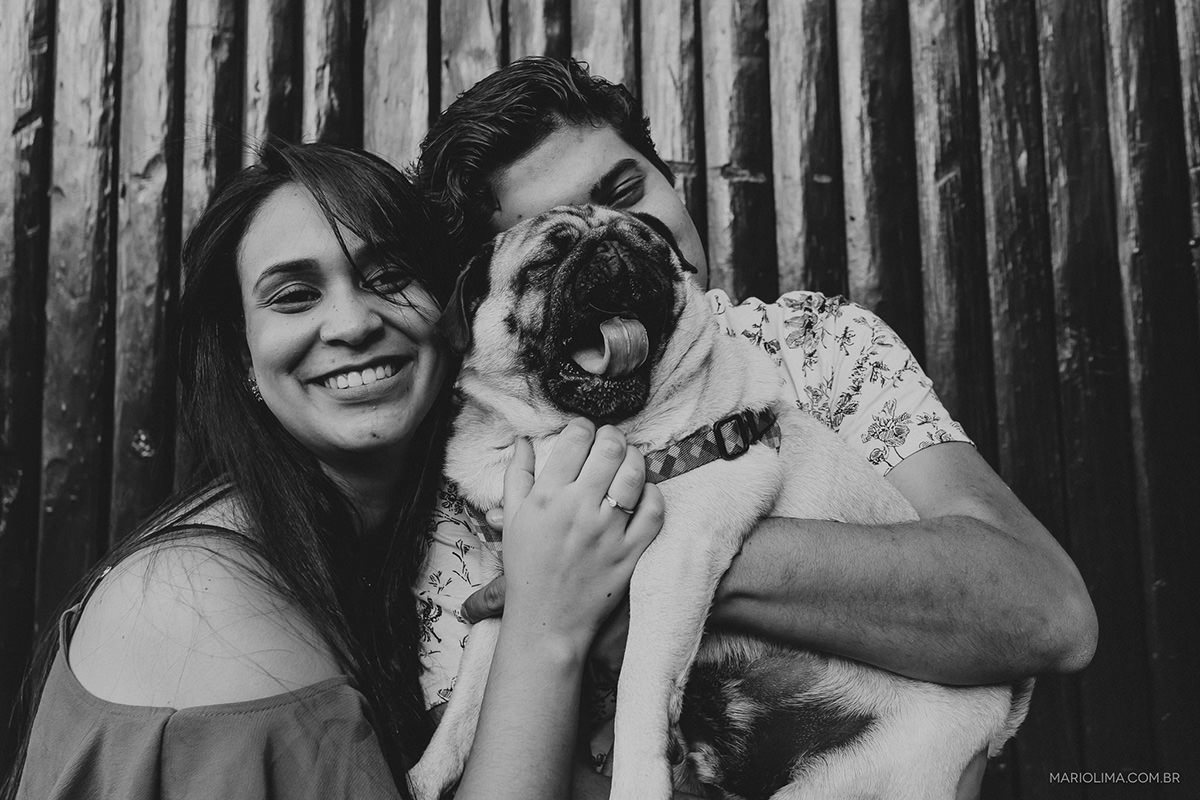 retrato dos noivos abraçando o cachorro da raça pug