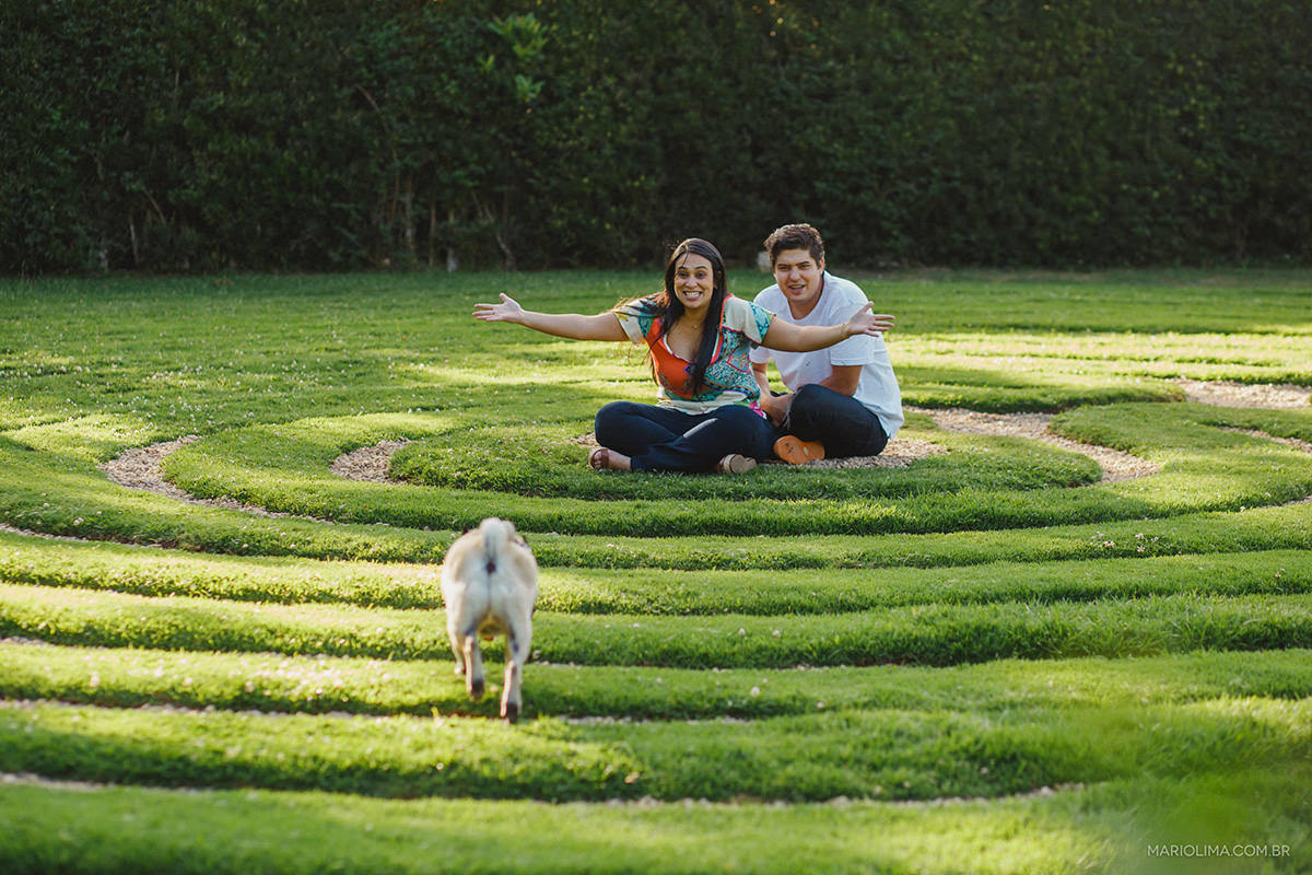  noivos sentados no parque amantikir com o cachorro da raça pug