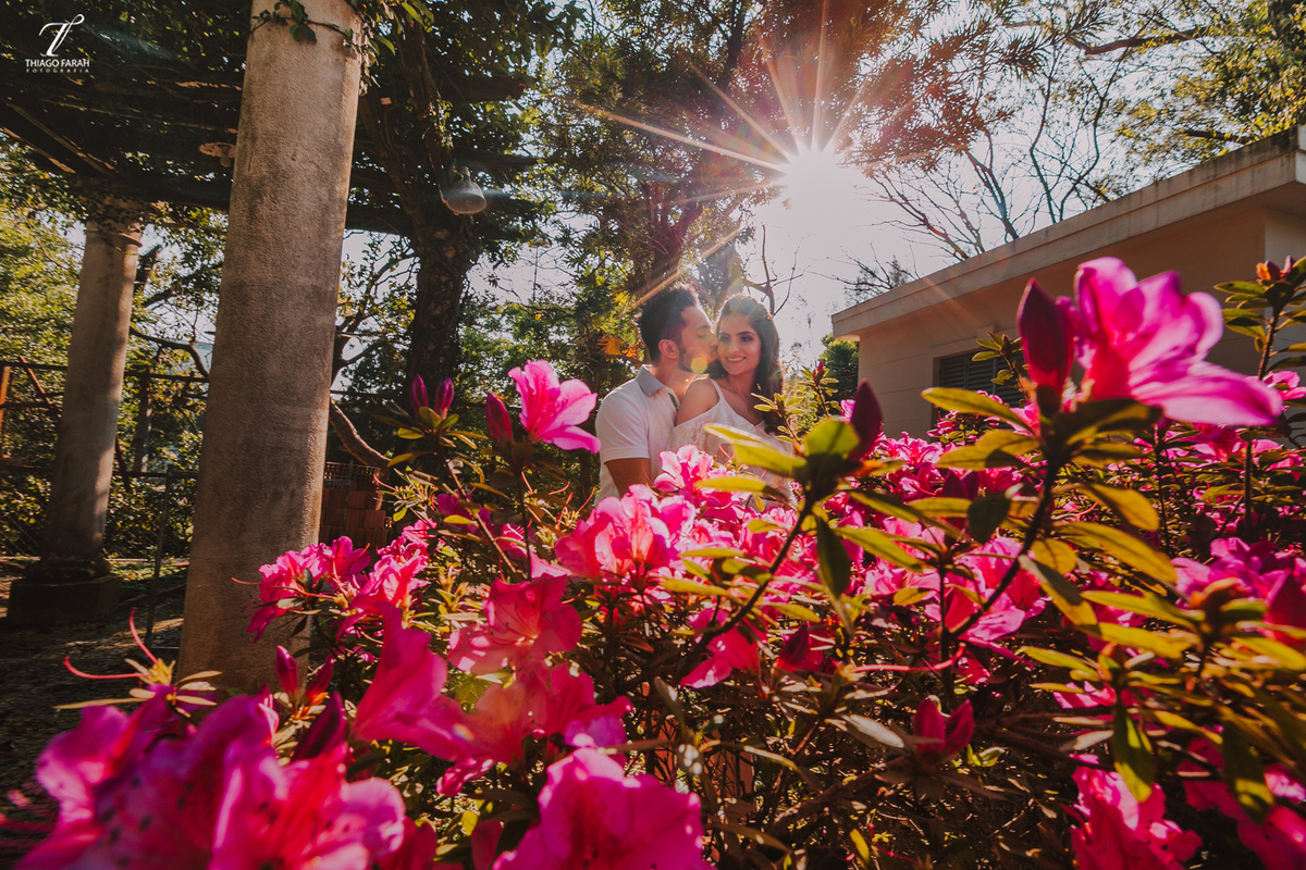 casal juntos abraçados, nas flores rosas, com raios de sol.
