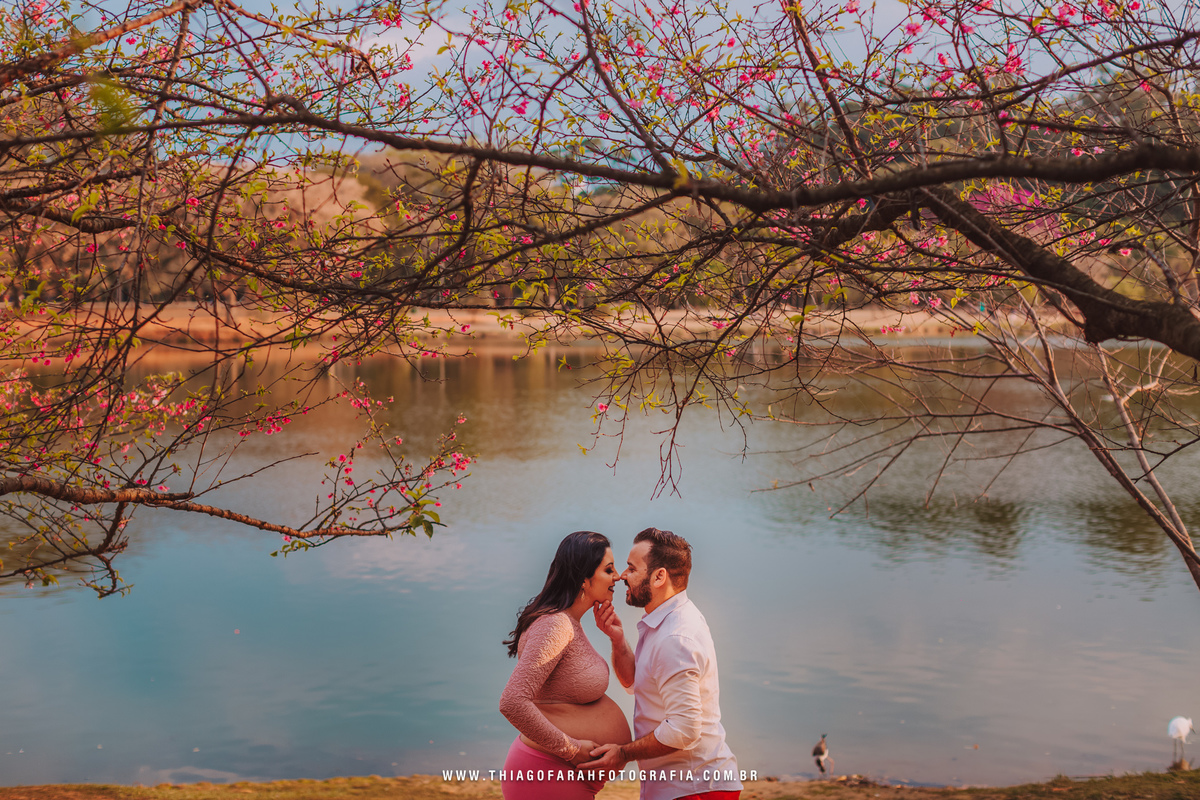 ensaio gestante externo, ibiraquera, são paulo, cerejeiras, roupa rosa, saia sereia, lago azul, casal