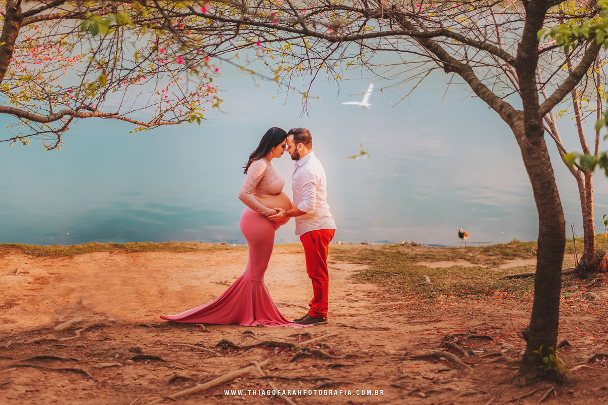 ensaio gestante externo, ibiraquera, são paulo, cerejeiras, roupa rosa, saia sereia, lago azul, casal, passarinho