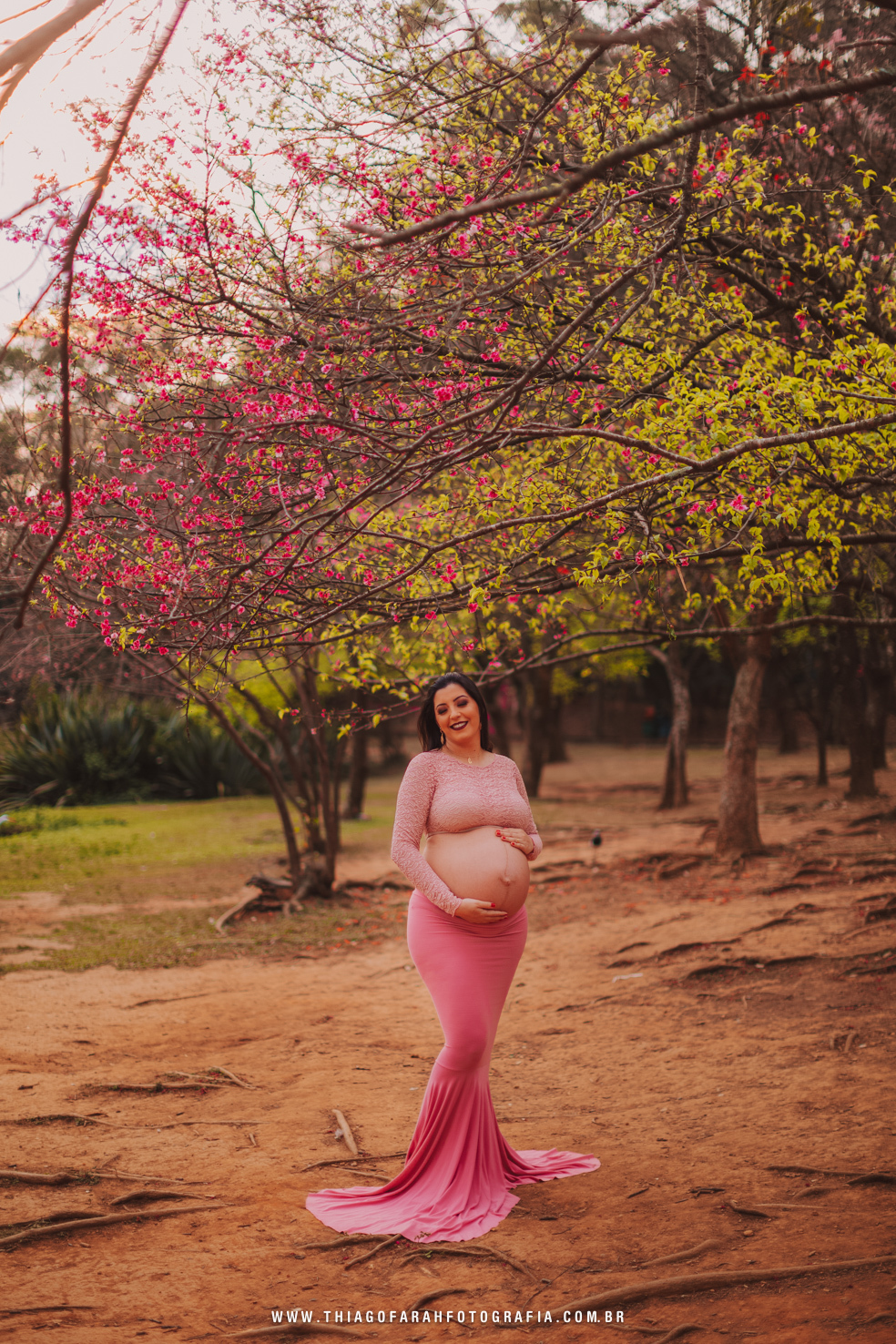ensaio gestante externo, ibiraquera, são paulo, cerejeiras, roupa rosa, saia sereia, lago azul