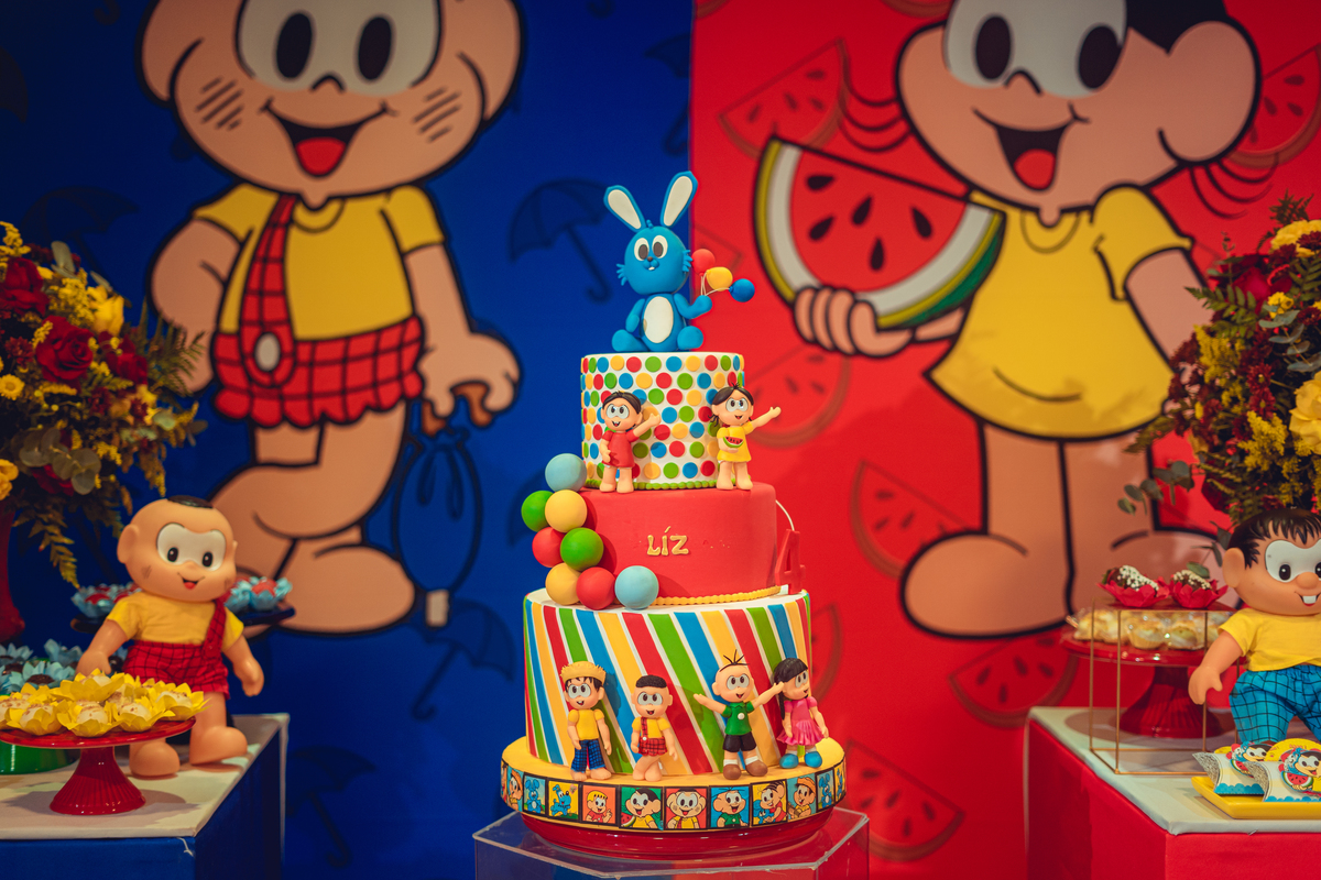 aniversário turma da mônica senhoritas fotografia cebolinha cascão magali festa decoração bolo menina liz