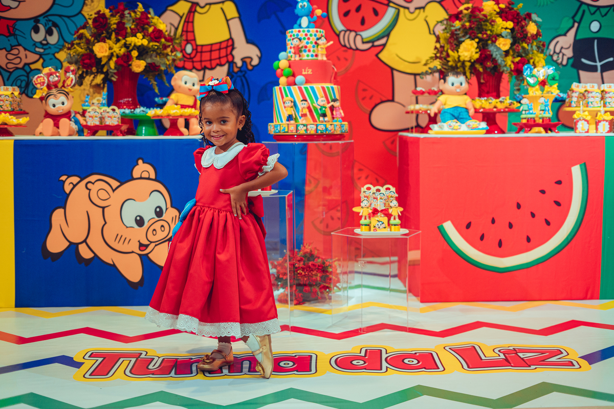 aniversário turma da mônica senhoritas fotografia cebolinha cascão magali festa decoração bolo menina liz