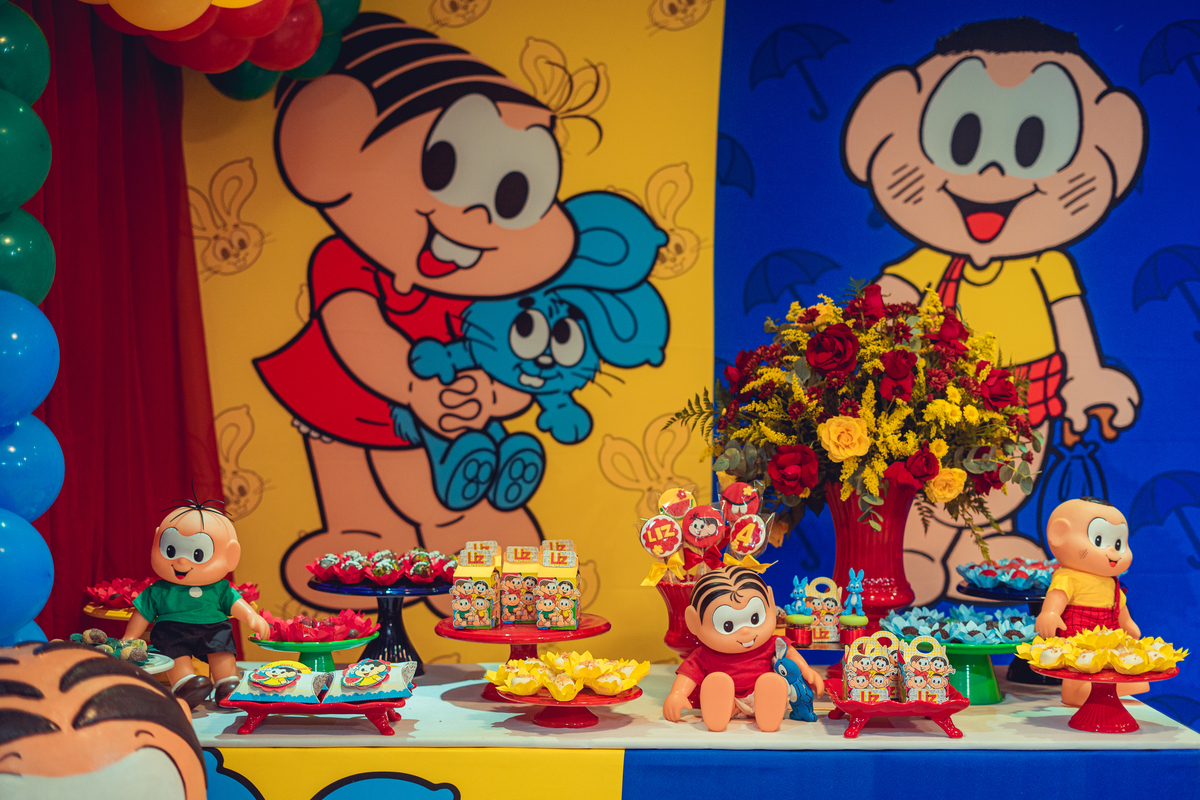 aniversário turma da mônica senhoritas fotografia cebolinha cascão magali festa decoração bolo menina liz