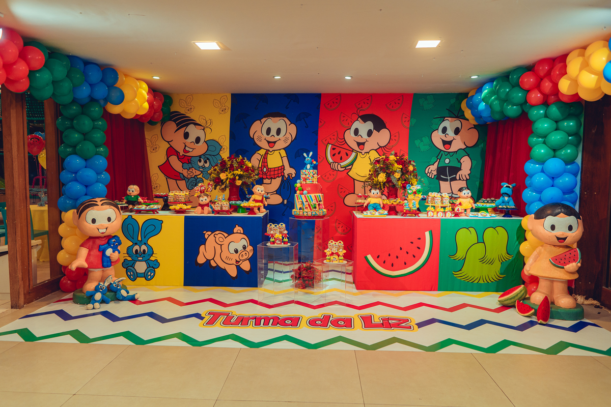 aniversário turma da mônica senhoritas fotografia cebolinha cascão magali festa decoração bolo menina liz