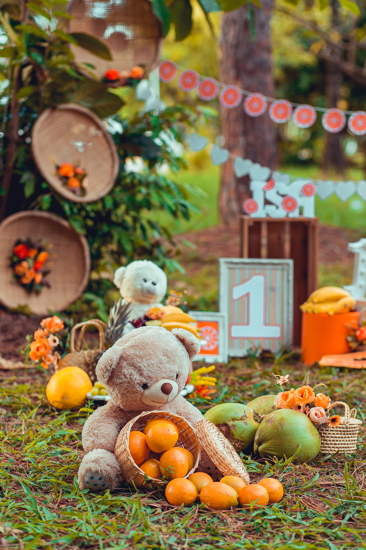 Senhoritas Fotografia infantil bebê 01 ano aninho smash the cake fruit frutas melancia laranja limão decoração bolo de frutas ensaio fotográfico salvador bahia cenário praça dos eucaliptos