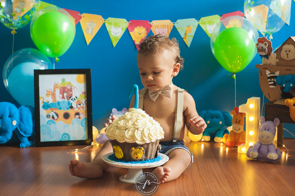 bebe com bolo em smash the cake da arca de noé em estudio no rio de janeiro em bangu