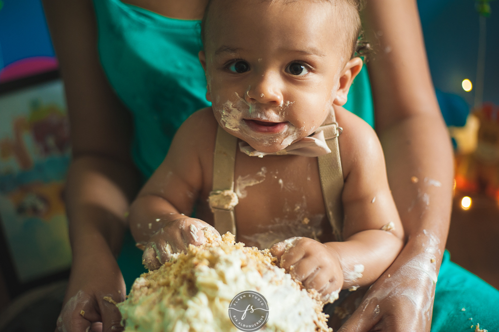 bebe acabando com o bolo em smash the cake da arca de noé em estudio no rio de janeiro em bangu