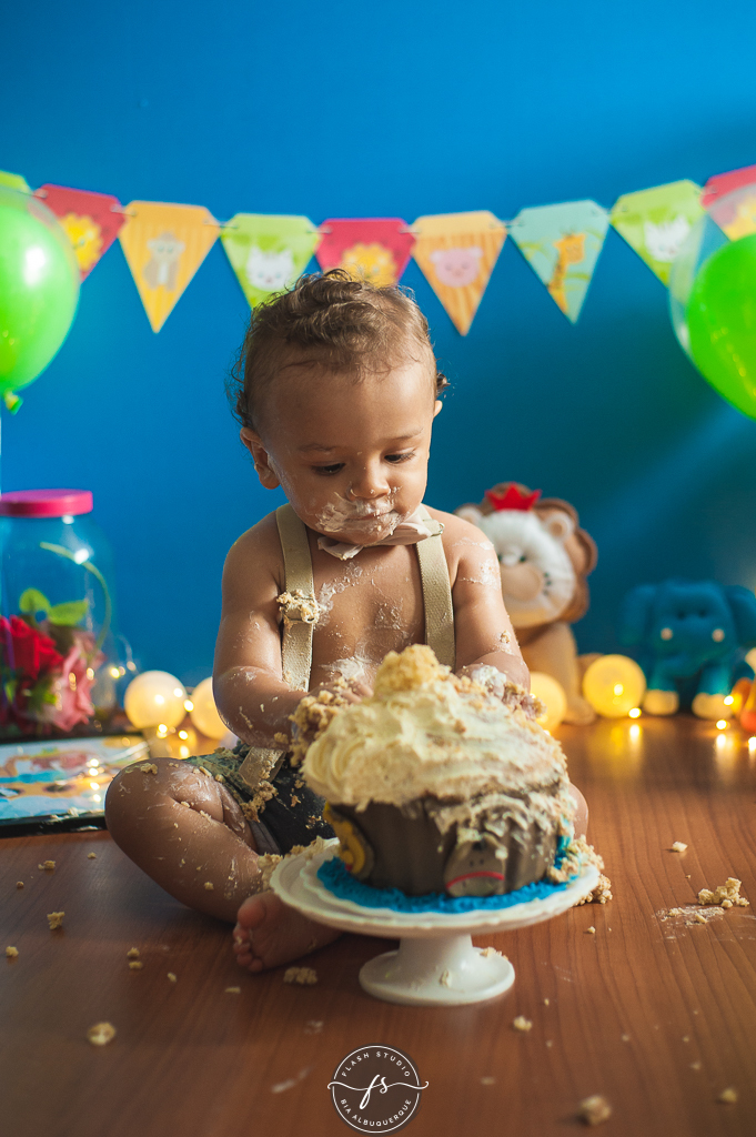 bebe com bolo detonado em smash the cake da arca de noé em estudio no rio de janeiro em bangu