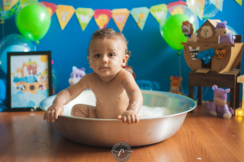 bebe em hora do banho em smash the cake da arca de noé em estudio no rio de janeiro em bangu