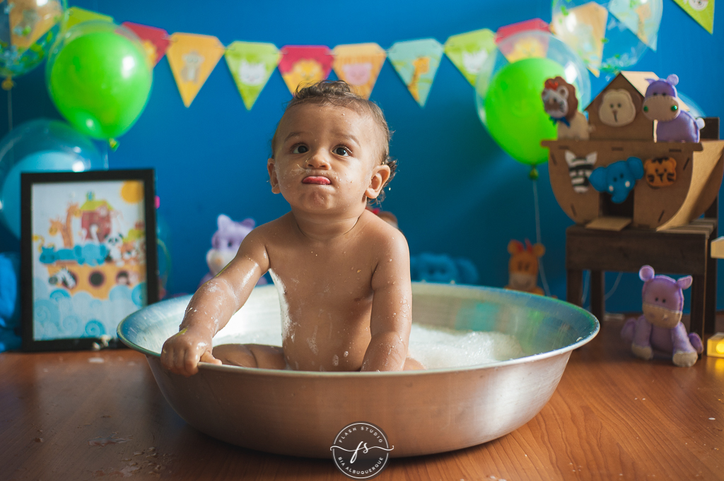baby em hora do banho em smash the cake da arca de noé em estudio no rio de janeiro em bangu