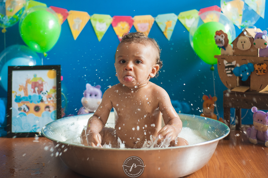 bagunça na hora do banho em smash the cake da arca de noé em estudio no rio de janeiro em bangu