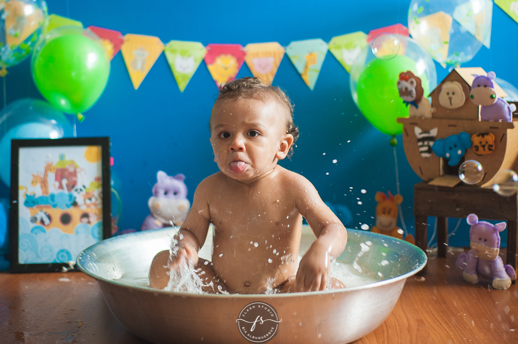 foto da hora do banho em smash the cake da arca de noé em estudio no rio de janeiro em bangu