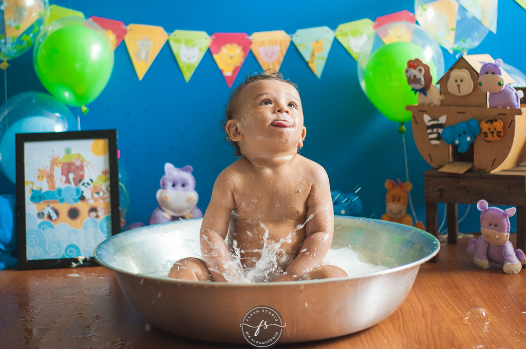 baby lindo em hora do banho em smash the cake da arca de noé em estudio no rio de janeiro em bangu
