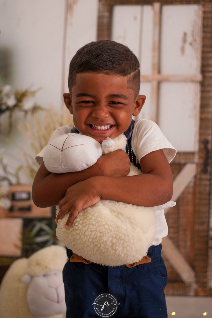 criança apertando a ovelhinha ensaio de pascoa, cenario de ovelhinhas, em estudio em bangu, no rio de janeiro 